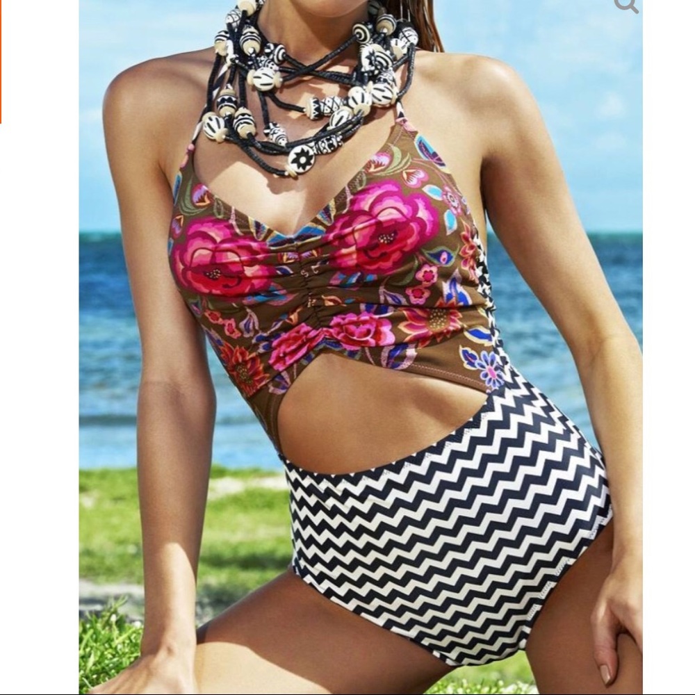 Padded Floral Zigzag  Hollow OnePiece Swimsuit